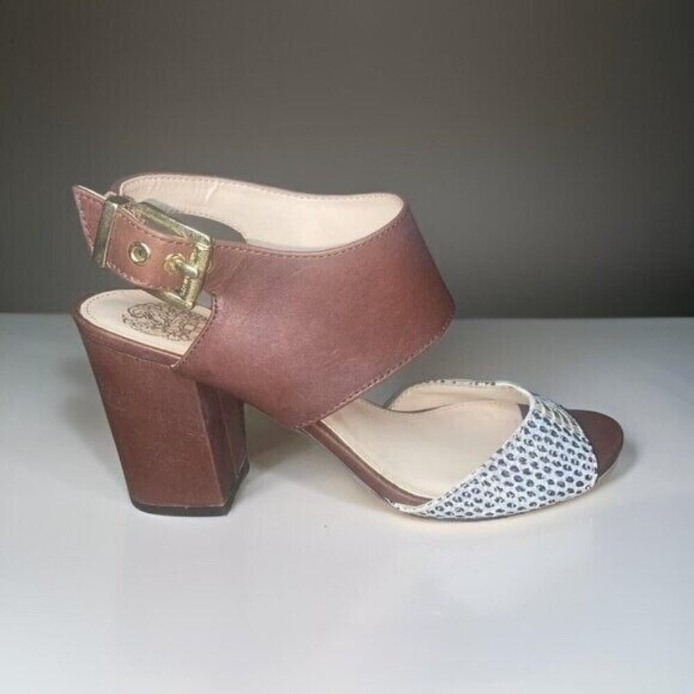 Vince Camuto Warma Snakeskin & Leather Size 5.5 Ankle Strap Block Heeled Sandal